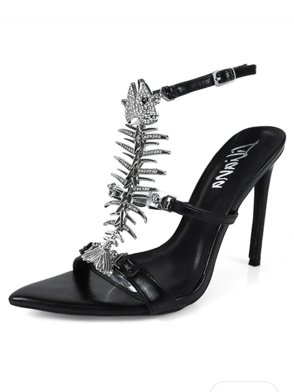 Black Crystal Fishbone T-Strap Stiletto Heel by Unknown